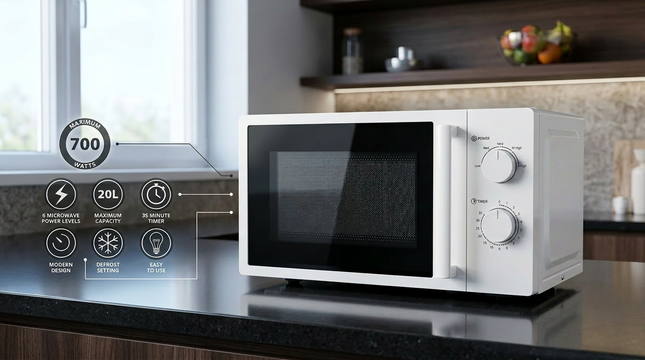 EGL 20L 700W Manual Microwave Oven White with 6 Power Levels & Defrost Function