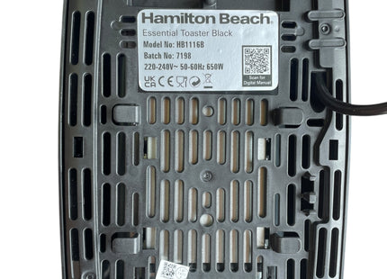 Hamilton Beach Essentials 2 Slice Toaster Wide Slots 650W, Black - USED