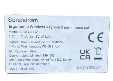 SANDSTROM Ergonomic Wireless Keyboard & Mouse Set – 2.4GHz, Optical Mouse - USED