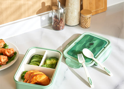 Bento Lunch Box 1100ml 3 Compartment Lunch Container with Spoon & Fork Blue