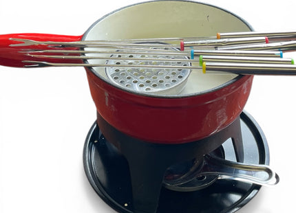 VonShef Red Cast Iron Fondue Set for Cheese & Chocolate, 6 Forks, Burner Included