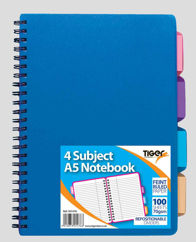 Tiger A5 4 Subject Notebook - 100 Sheet, Blue