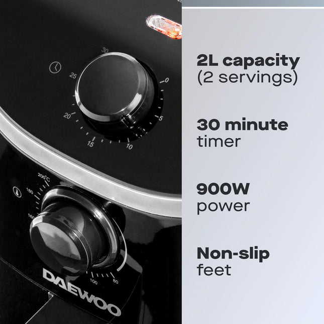 Daewoo 2L Compact Manual Air Fryer – 900W Single Drawer Healthy Cooker
