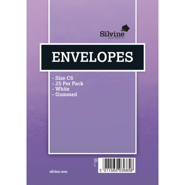 Silvine White C6 Envelopes – Gummed Closure (Pack of 25)