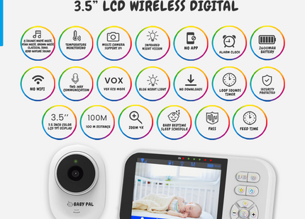 BABY PAL Video Baby Monitor 3.5" LCD – No WiFi, 2600mAh Battery & 4-Camera Support
