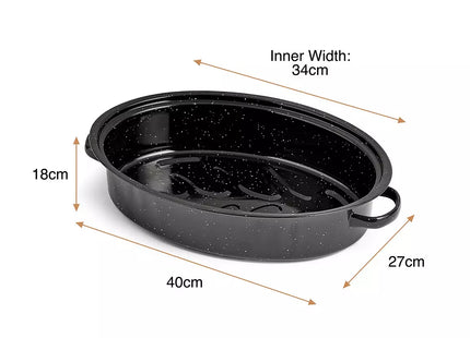 VonShef 34cm Enamel Roaster with Lid – Deep Oval Self-Basting Roasting Tin