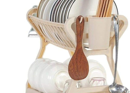 2-Tier Multifunctional Plastic Dish Drain Rack with Removable Drip – Beige
