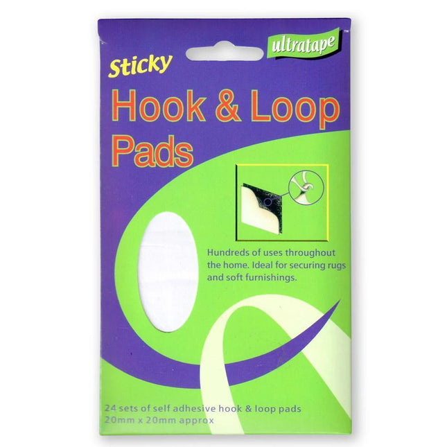 Ultratape Hook & Loop Self-Adhesive Pads – 20mm x 20mm, Pack of 24