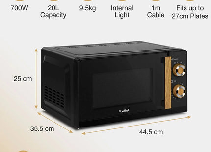 VonShef Fika Microwave – 20L Compact Microwave, 700W, Black & Wood Effect