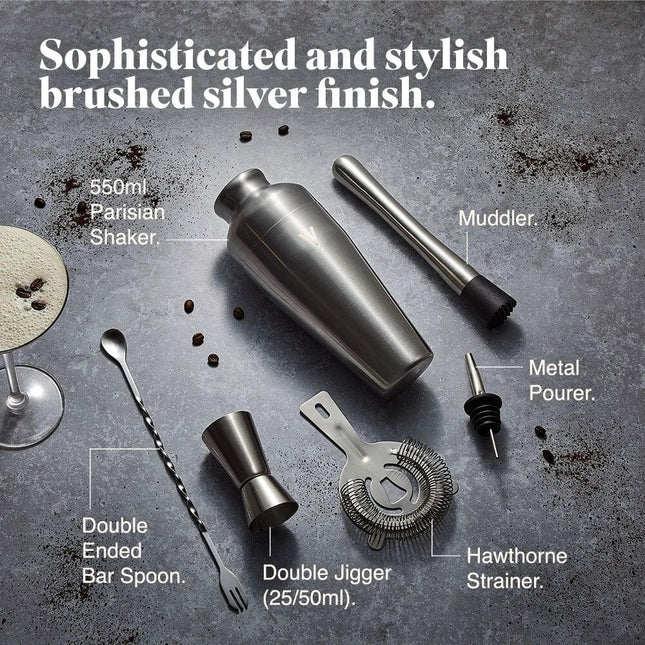 VonShef Parisian Cocktail Set – 6-Piece Brushed Silver Mixology Kit