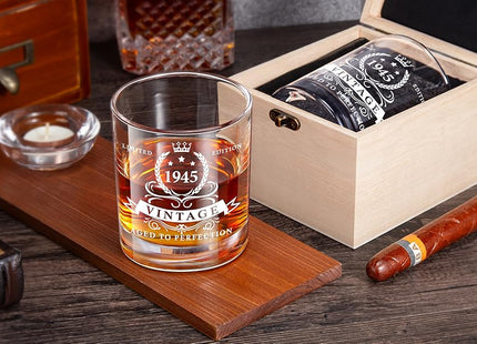 LIGHTEN LIFE Birthday Whiskey Glass Gift Set – 1945 Vintage with Wooden Box