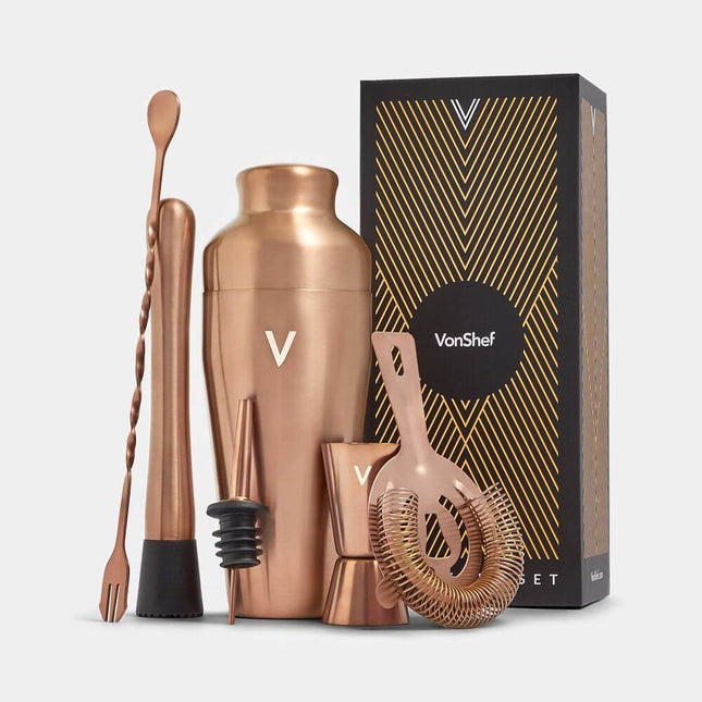VonShef Parisian Copper Cocktail Shaker Set – 6 Piece Stainless Steel - 550ml