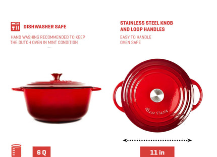 Uno Casa 6 Quart Enameled Cast Iron Dutch Oven with Lid & Silicone Handles, Red