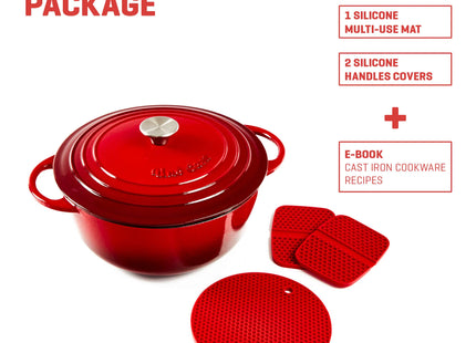 Uno Casa 6 Quart Enameled Cast Iron Dutch Oven with Lid & Silicone Handles, Red