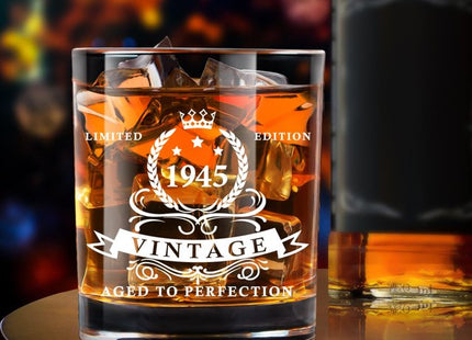 LIGHTEN LIFE Birthday Whiskey Glass Gift Set – 1945 Vintage with Wooden Box