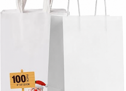 GIFTSAY Small White Paper Gift Bags with Handles 15 x 8 x 21cm – 100 Pack