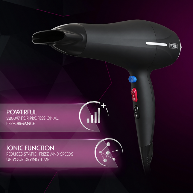 Wahl Ionic Smooth 2200W Hair Dryer with Cool Shot, Fast Drying – Black
