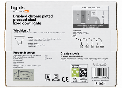 B&Q Brushed Chrome Fixed Downlights MR11 12V 20W – 5 Pack