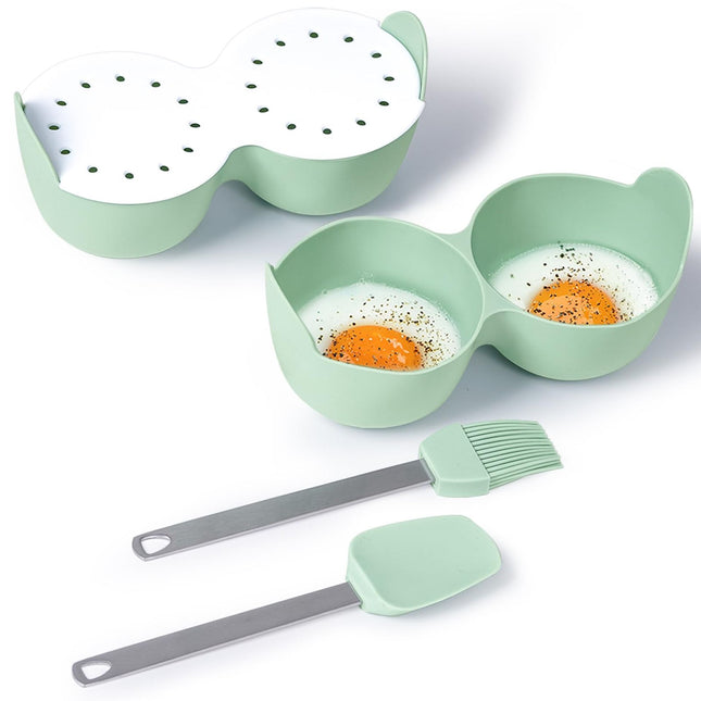 Microwave Silicone Egg Poacher Cups with Lid – 2-Cavity BPA-Free Egg Cooker (Green)