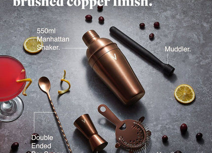 VonShef Manhattan Copper Cocktail Shaker Set – 5 Piece Stainless Steel Bar Kit