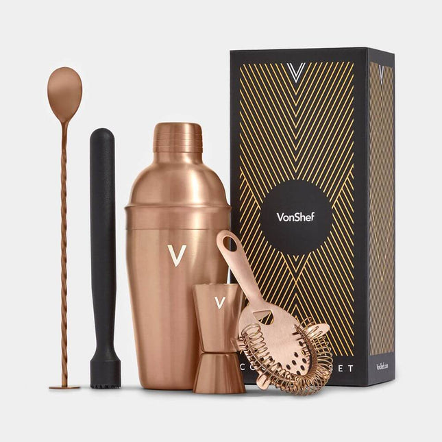 VonShef Manhattan Copper Cocktail Shaker Set – 5 Piece Stainless Steel Bar Kit