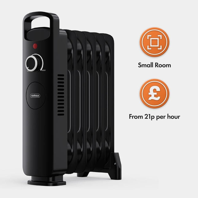 VonHaus 6 Fin Oil Filled Radiator 800W – Portable Electric Heater – Black