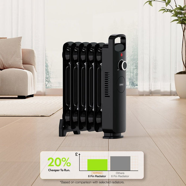 VonHaus 6 Fin Oil Filled Radiator 800W – Portable Electric Heater – Black