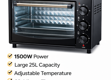 25L Electric Mini Oven 1500W Countertop Cooker Grill & Toaster – Black