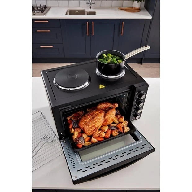 EGL 30L Mini Oven with Dual Hobs & Grill – 1400W Countertop Tabletop Cooker Black