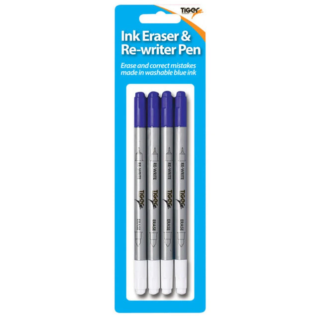 Tiger Ink Eraser & Re-Writer Pens – Pack of 4, Washable Blue Ink
