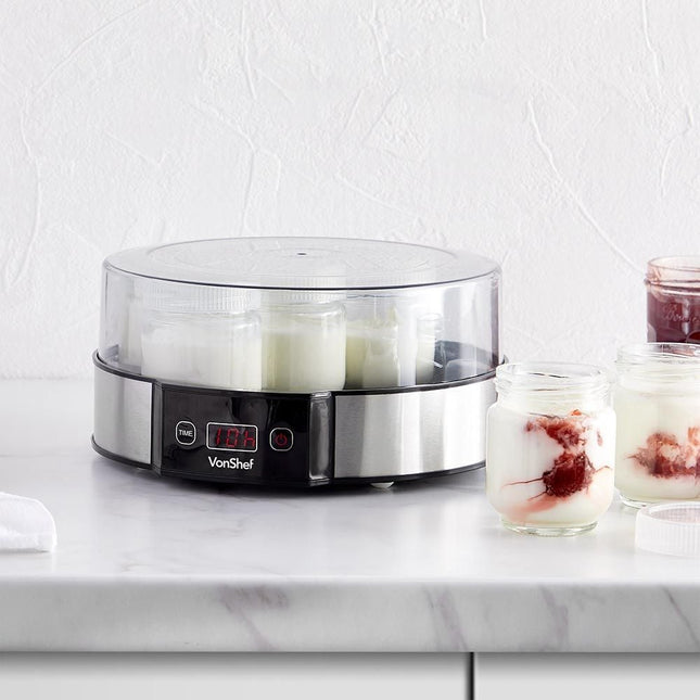 VonShef Digital Yoghurt Maker – 7 Glass Jars, Stainless Steel Design