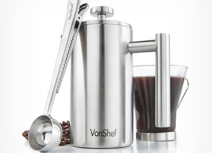 VonShef 3 Cup Cafetiere Stainless Steel – 350ml with Measuring Spoon