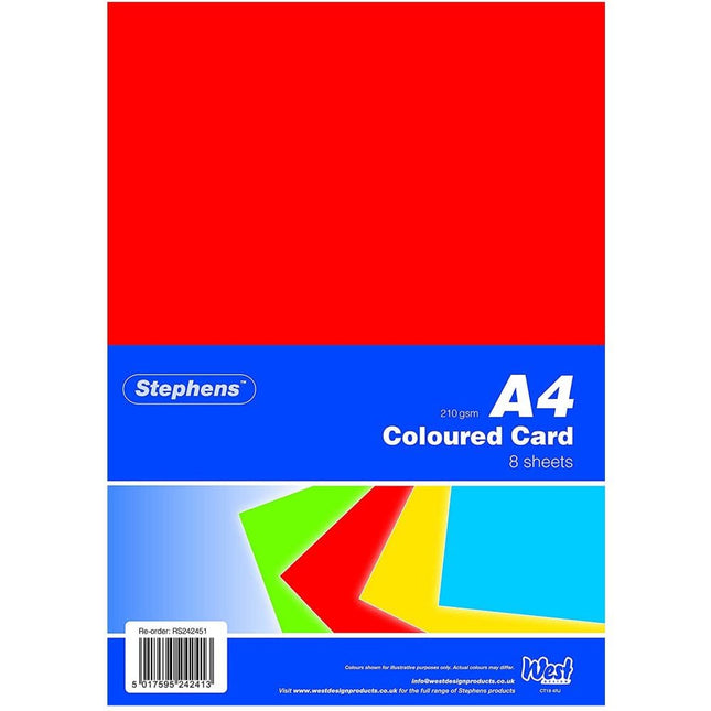 Stephens A4 Coloured Card – 210gsm, Pack of 8 Sheets (4 Colours)